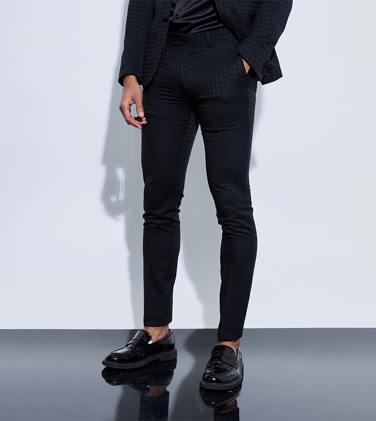 Buy BoohooMAN Tonal Houndstooth Skinny Fit Trousers In Black