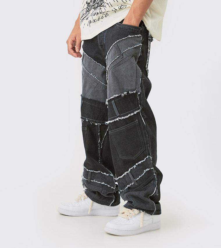 Rigid Patchwork Waistband Detail Baggy Jeans