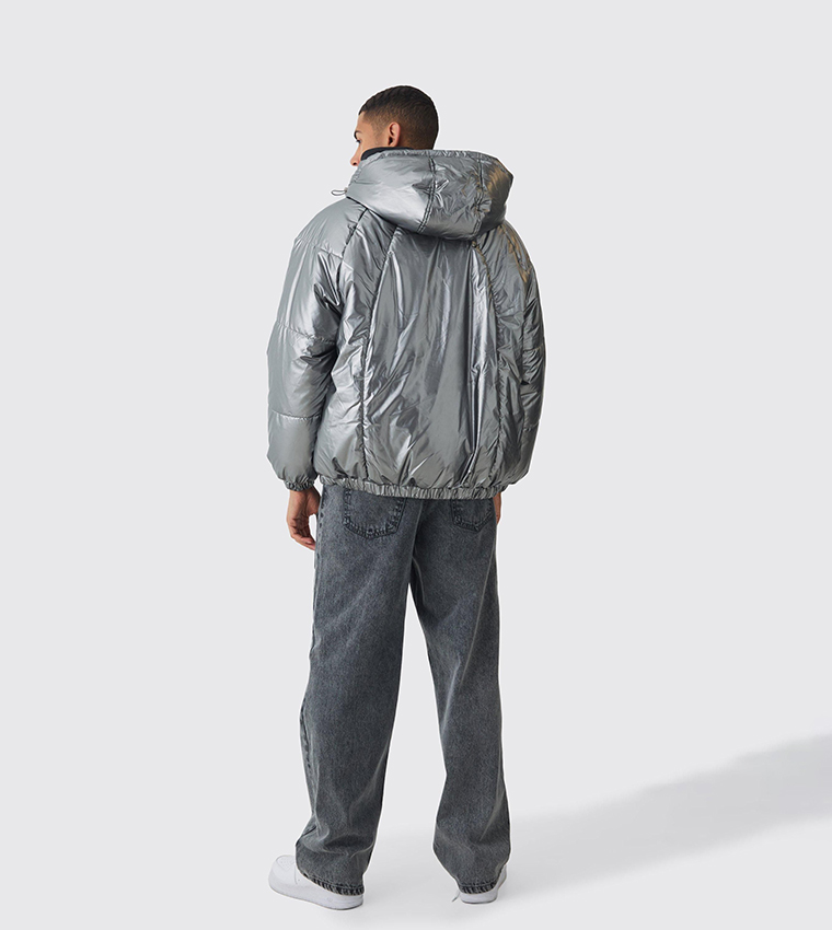 Metallic Oversized Hooded Puffer Jacket