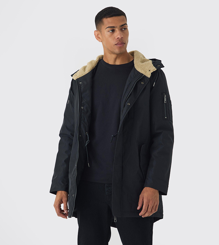 Buy BoohooMAN Borg Lined Hood Oversized Parka Jacket In Black