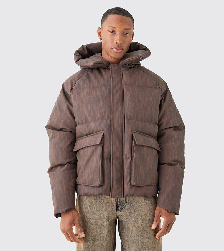 Buy BoohooMAN Oversized Boxy Washed PU Hooded Puffer Jacket In