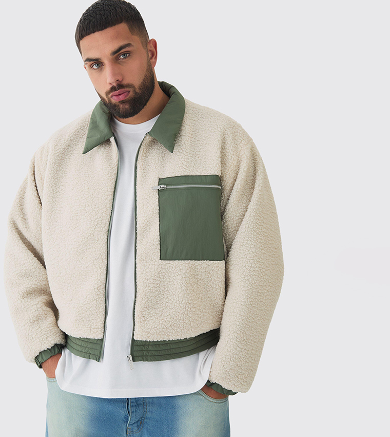 Buy BoohooMAN Plus Tall Boxy Borg And Nylon Collared Bomber