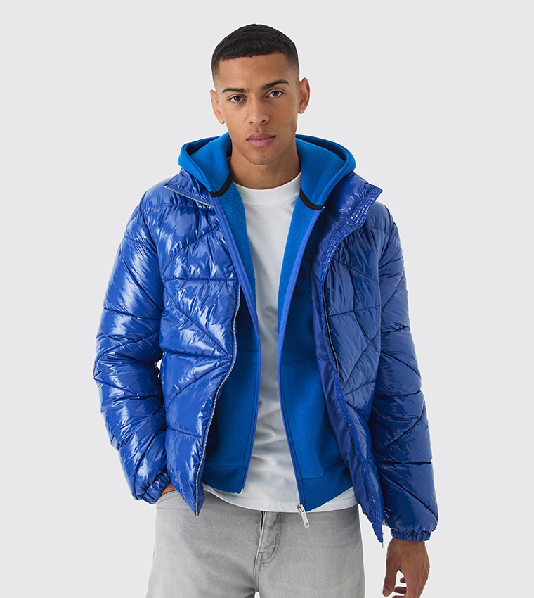 Buy BoohooMAN Glossy Vinyl High Neck Puffer Jacket In Blue