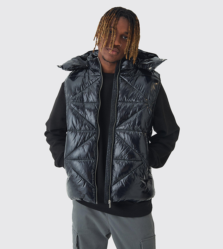 Buy BoohooMAN Tall Glossy Vinyl Hooded Puffer Gilet In Black