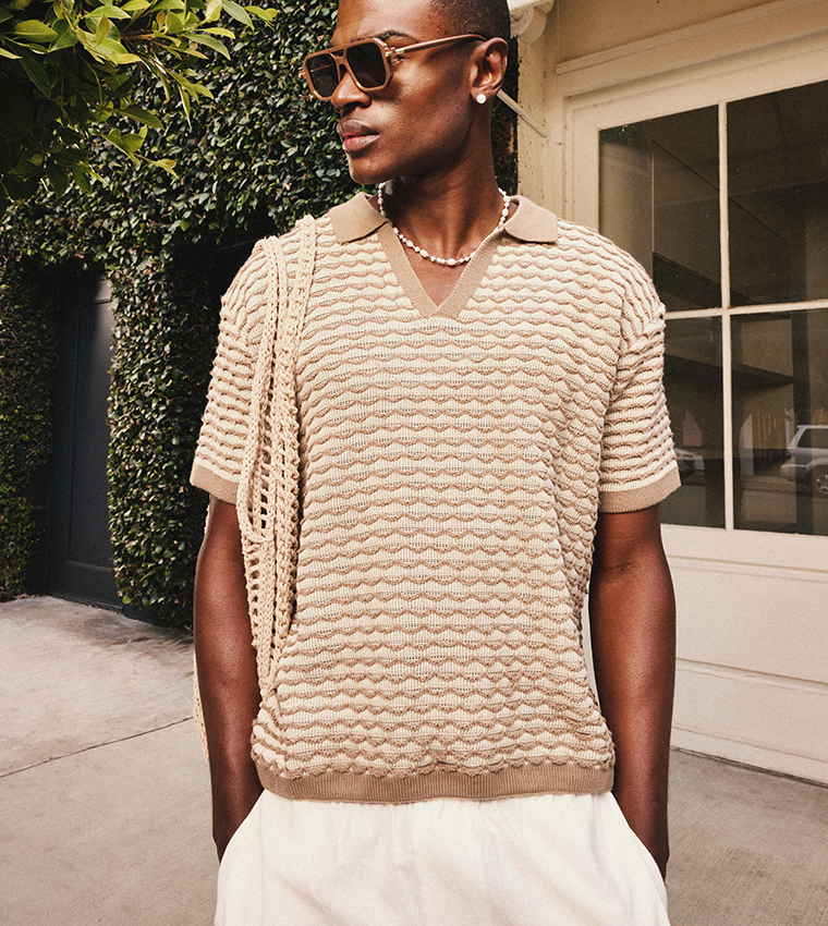 Oversized Boxy Striped Textured Knit Polo T-Shirt - (Non Returnable)