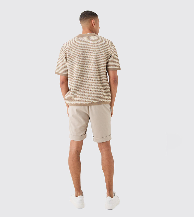 Oversized Boxy Striped Textured Knit Polo T-Shirt - (Non Returnable)