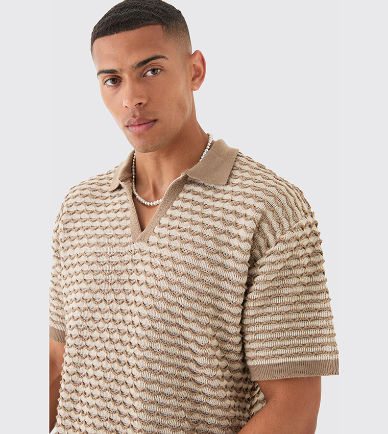 Oversized Boxy Striped Textured Knit Polo T-Shirt - (Non Returnable)