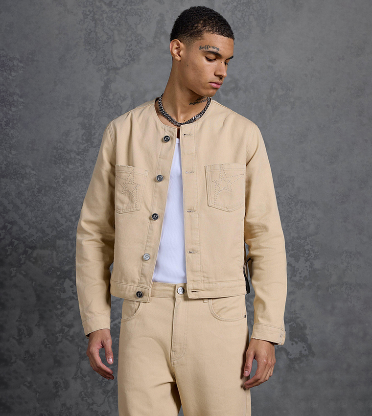 P-Star Regular Fit Boxy Collarless Denim Jacket