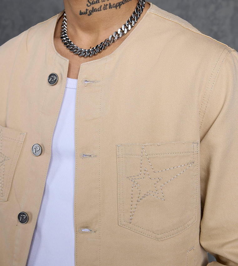 P-Star Regular Fit Boxy Collarless Denim Jacket