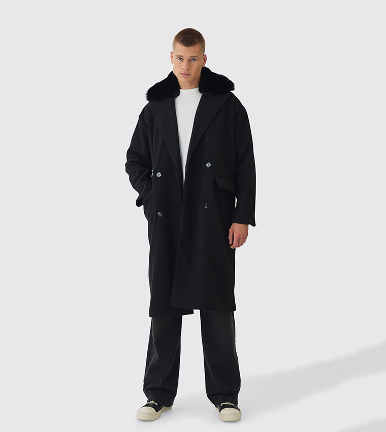 Buy BoohooMAN Drop Shoulder Overcoat With Removeable Faux Fur Trim