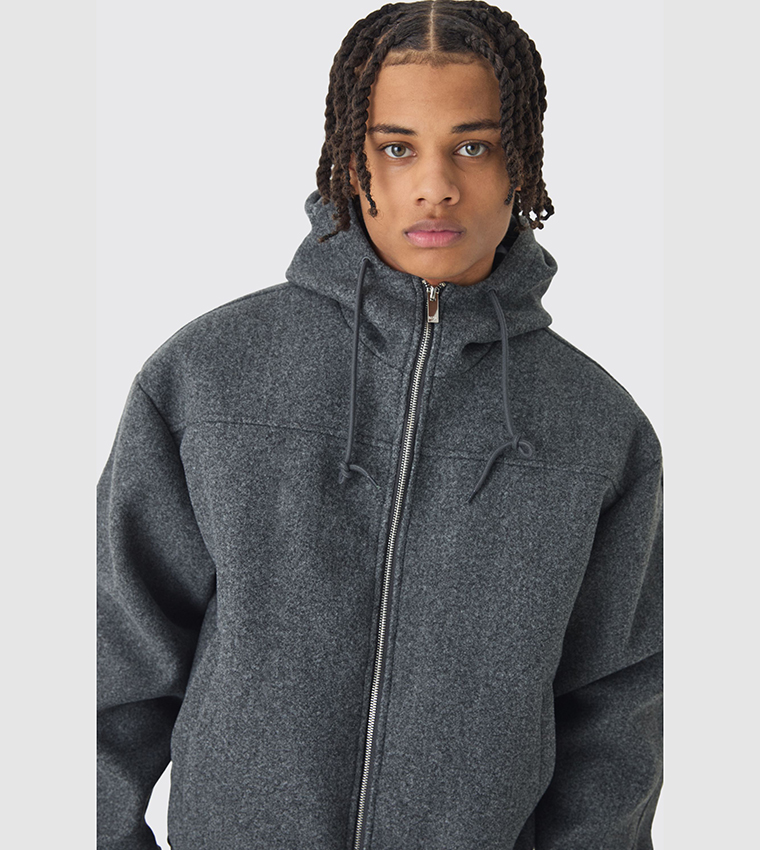 Buy BoohooMAN Melton Hooded Boxy Bomber Jacket In Charcoal | 6thStreet ...