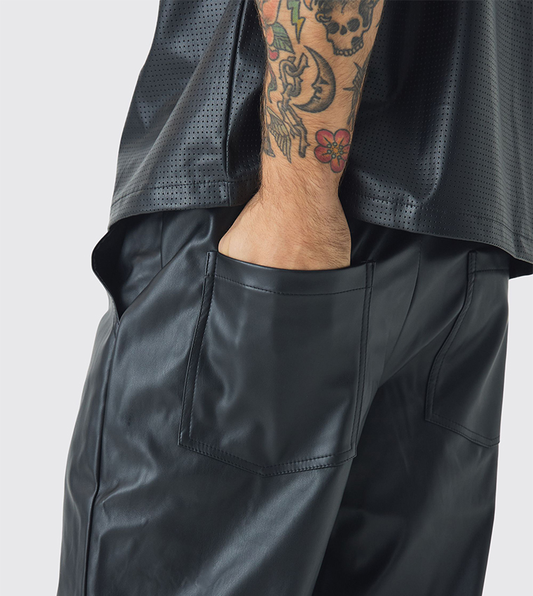 Buy BoohooMAN Solid Pu Relaxed Fit Trousers In Black 6thStreet UAE