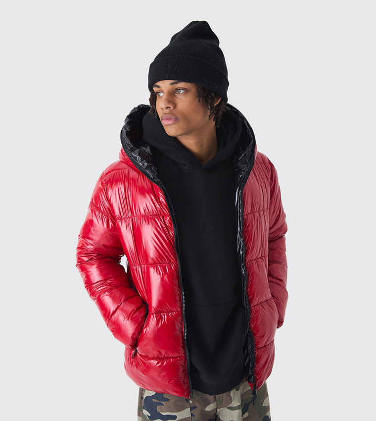 Buy BoohooMAN Zip Hood Vinyl Hi Shine Puffer Jacket In Red