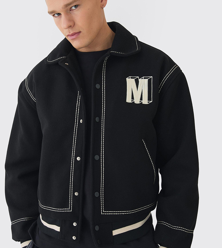 Boxy Stitch Detail Melton Varsity Jacket
