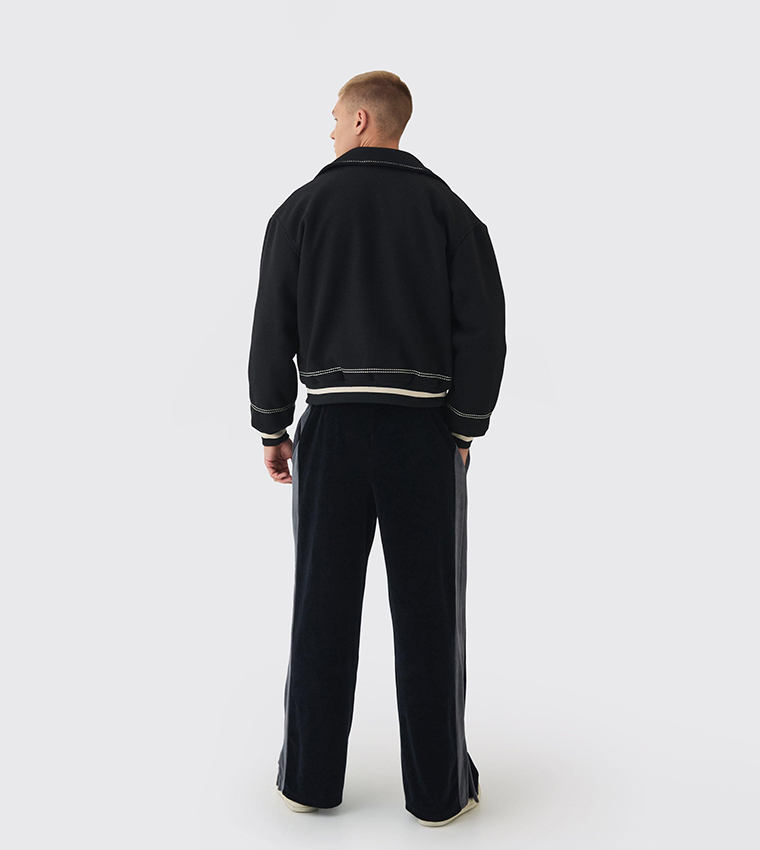 Boxy Stitch Detail Melton Varsity Jacket