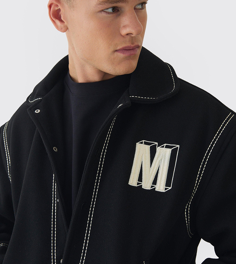 Boxy Stitch Detail Melton Varsity Jacket