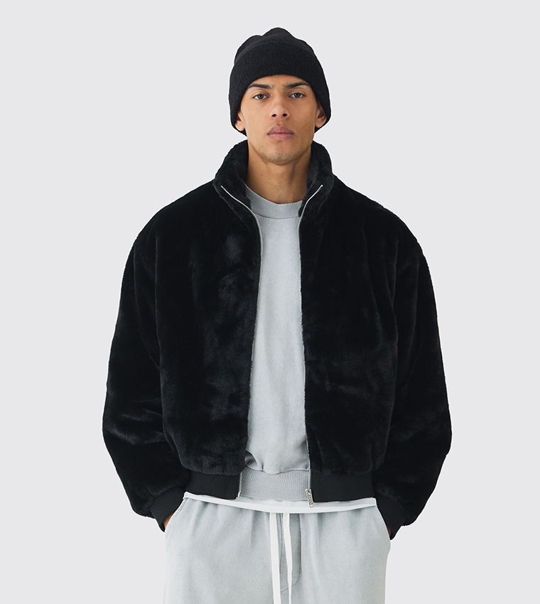 Faux Fur Funnel Neck Bomber Jacket