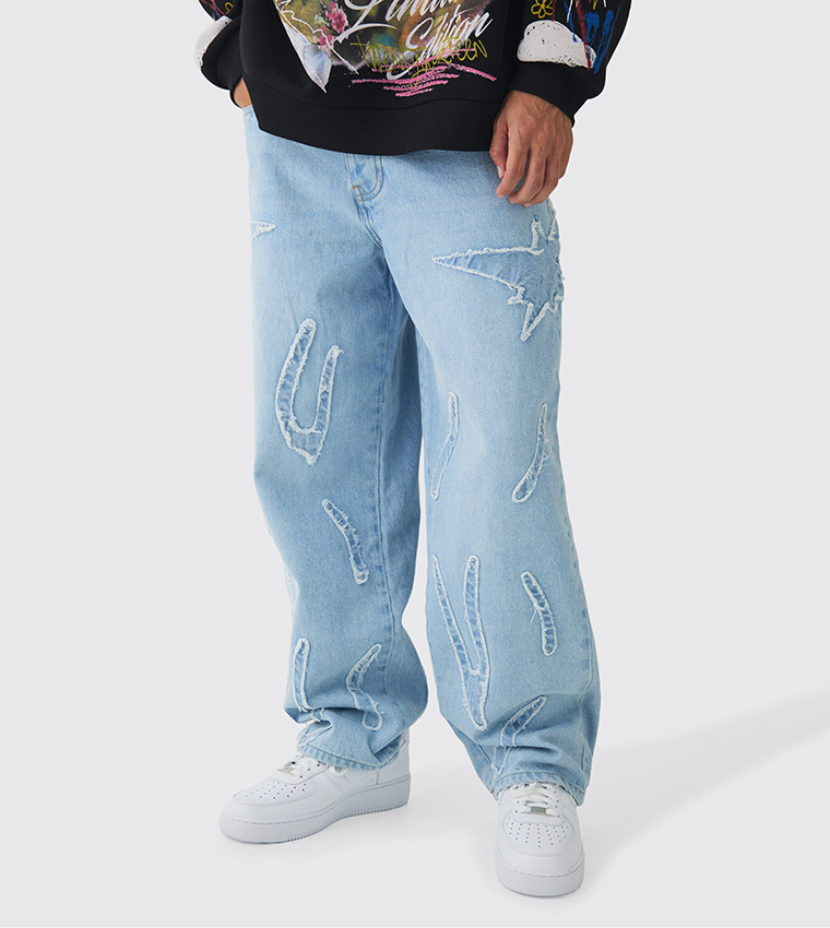 Rigid All Over Raw Edge Appliqued Baggy Jeans