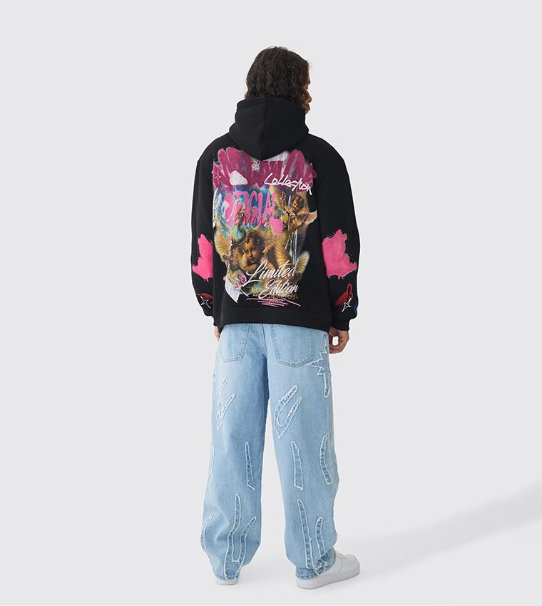Rigid All Over Raw Edge Appliqued Baggy Jeans
