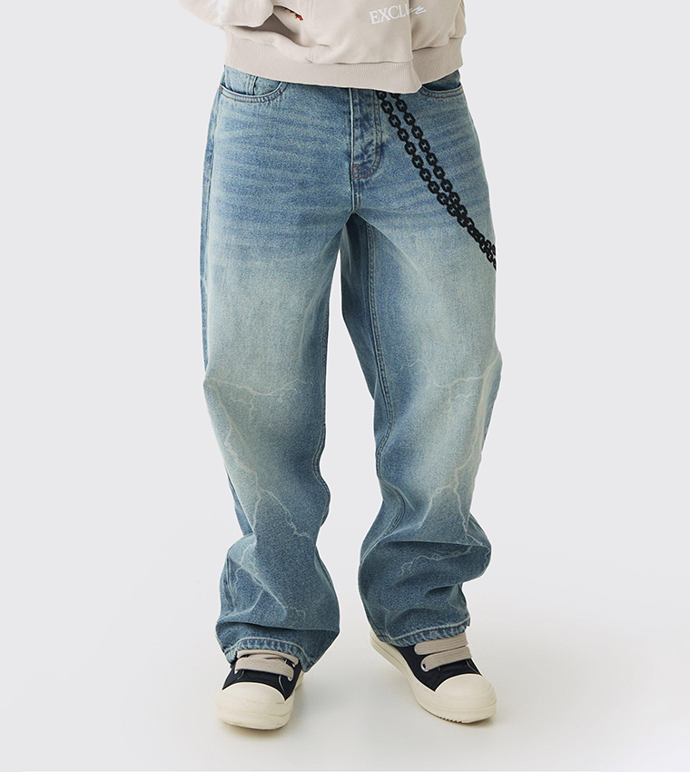 Rigid Laser Print Lightning Baggy Jeans