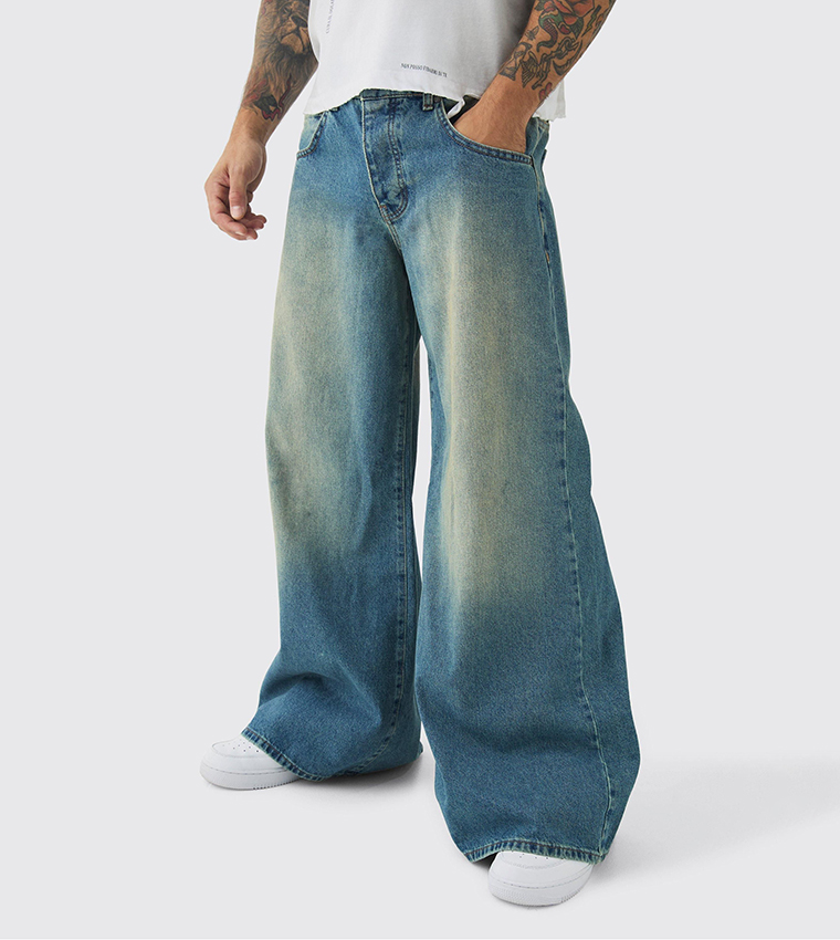 Buy BoohooMAN Extreme Rigid Tinted Wash Baggy Jeans In Blue