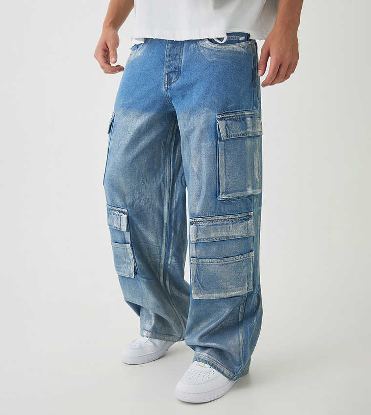 Rigid Metallic Coated Baggy Fit Cargo Jeans
