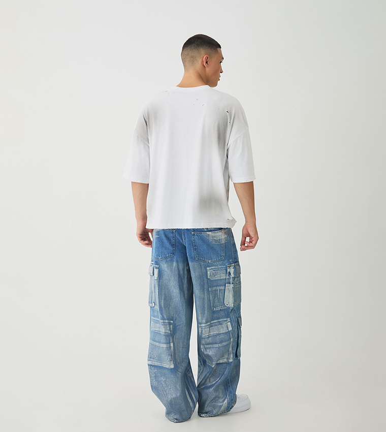 Rigid Metallic Coated Baggy Fit Cargo Jeans