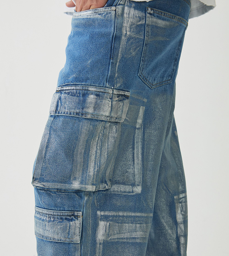 Rigid Metallic Coated Baggy Fit Cargo Jeans