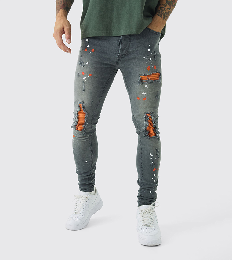 Buy BoohooMAN Stretch Biker Ripped Repair Paint Splat Super