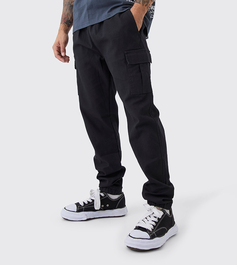 Slim Fit Elastic Waist Woven Tab Cuffed Cargo Trousers