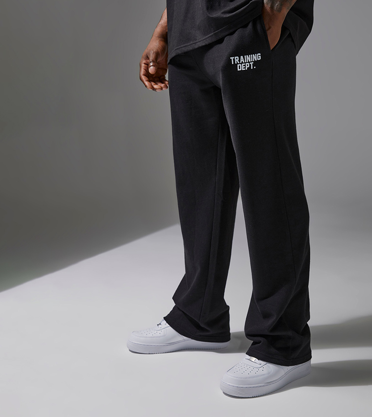 Buy BoohooMAN Training Dept Loopback Straight Fit Sweatpants In BLACK ...