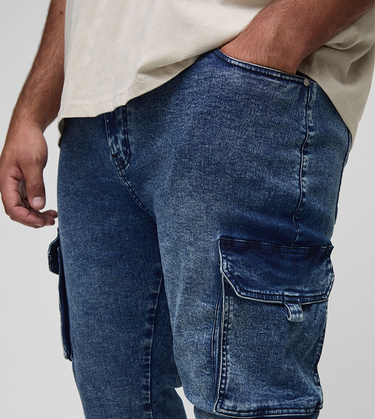 Washed Strap Detail Skinny Fit Cargo Jeans