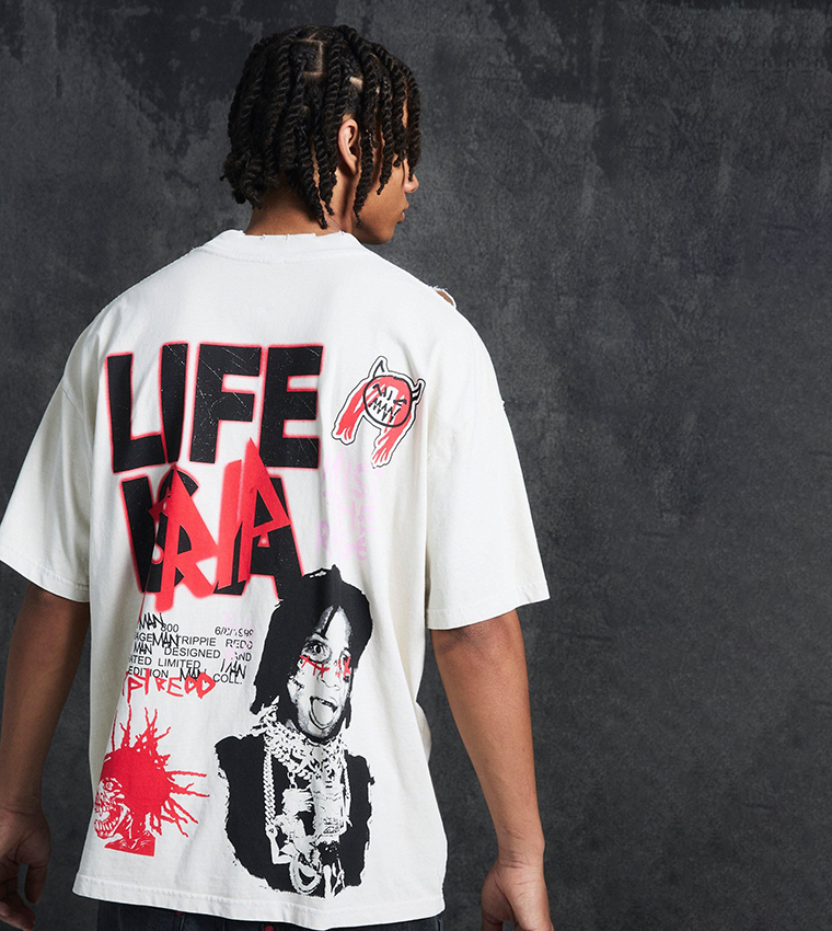 Buy BoohooMAN Trippie Redd Life Back Printed Oversized T Shirt In