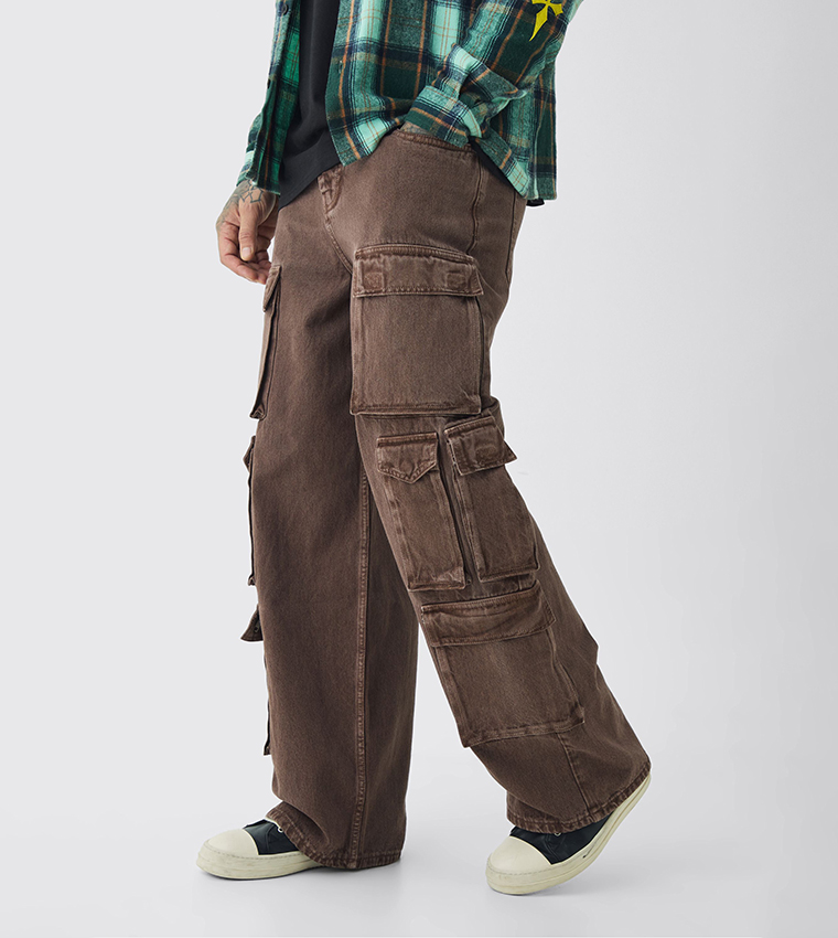 Buy BoohooMAN Tall Washed Multi Pocket Cargo Baggy Jeans In Brown