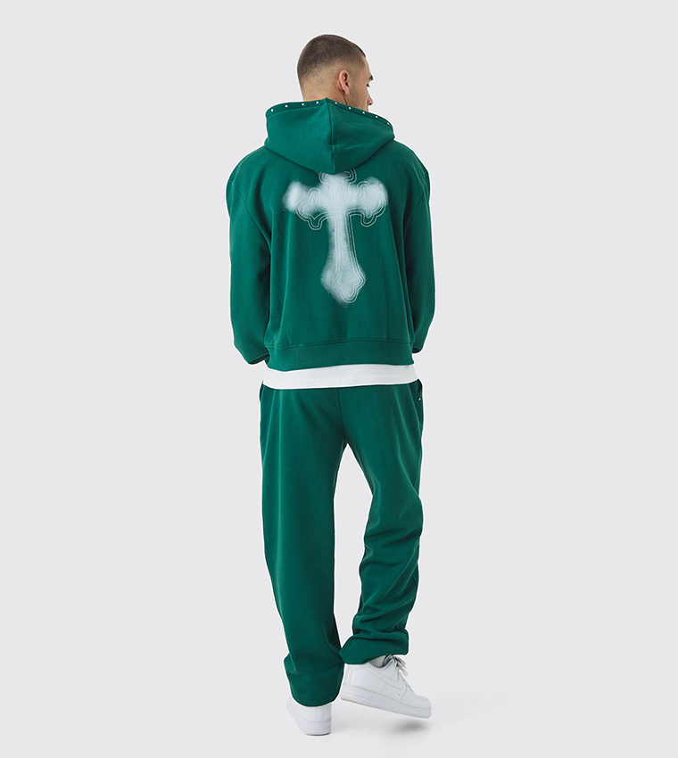 Cross Embroidered Oversized Zip Through Hooded Tracksuit