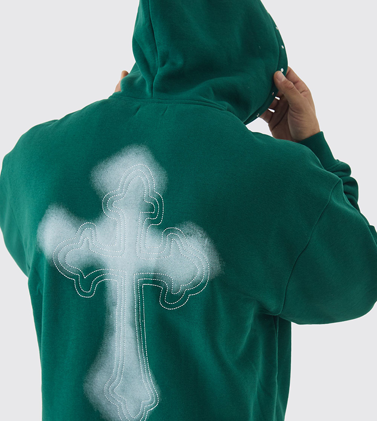 Cross Embroidered Oversized Zip Through Hooded Tracksuit