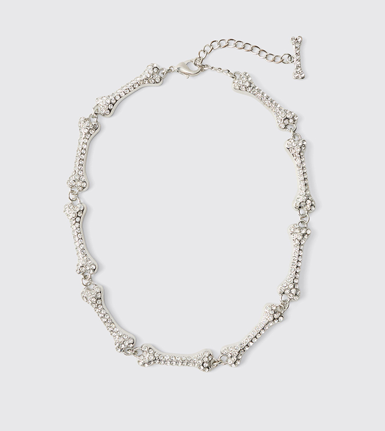 Embellished Out Silver Bone Necklace