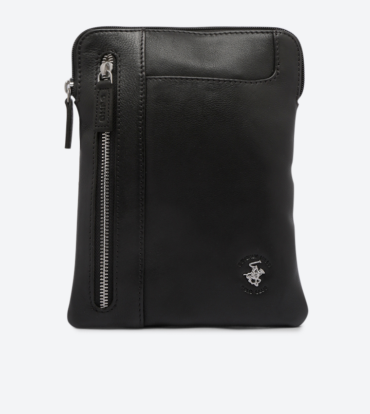 Top And Front Zip Closure Shoulder Strap Details Messenger Bag - Black