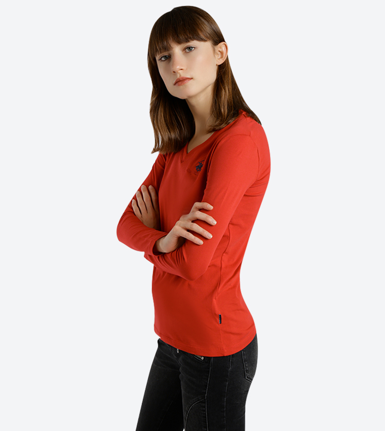 Solid V-Neck Long Sleeve Top