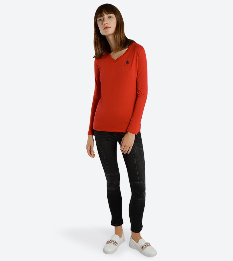 Solid V-Neck Long Sleeve Top