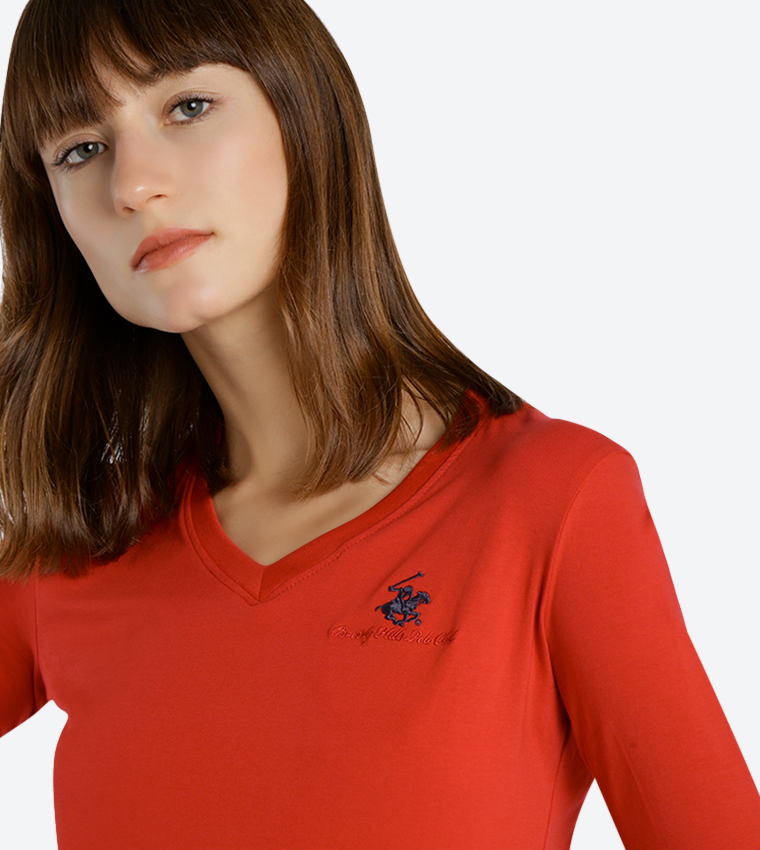 Solid V-Neck Long Sleeve Top