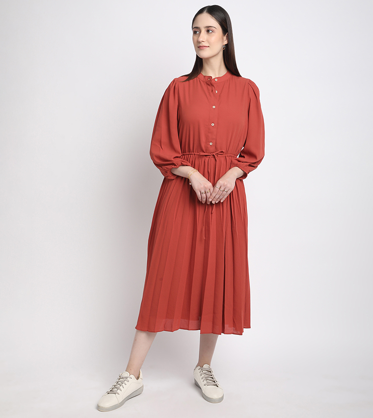 Tie-Waist 3/4 Sleeves Midi Dress
