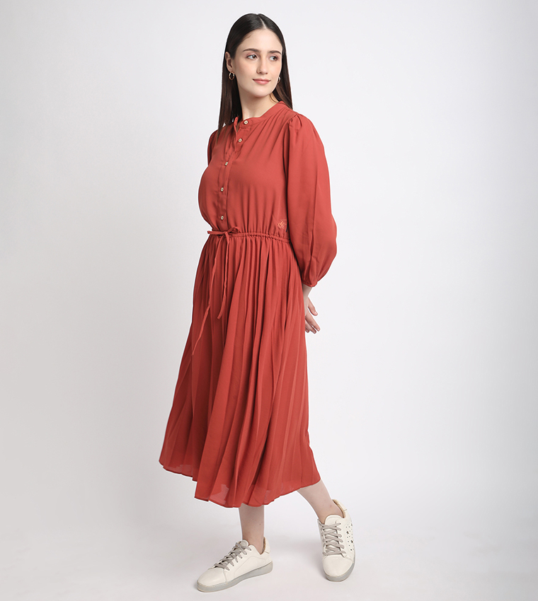 Tie-Waist 3/4 Sleeves Midi Dress