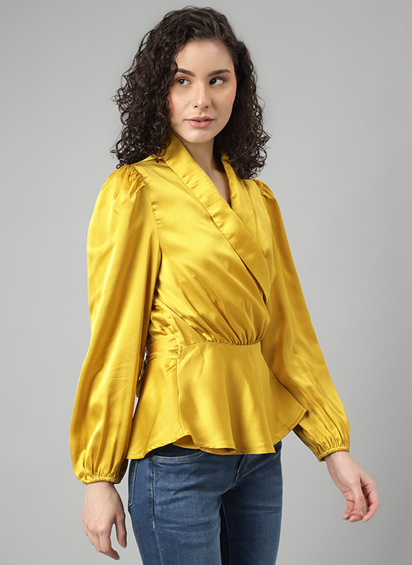 Solid Bishop Sleeves Wrap Top