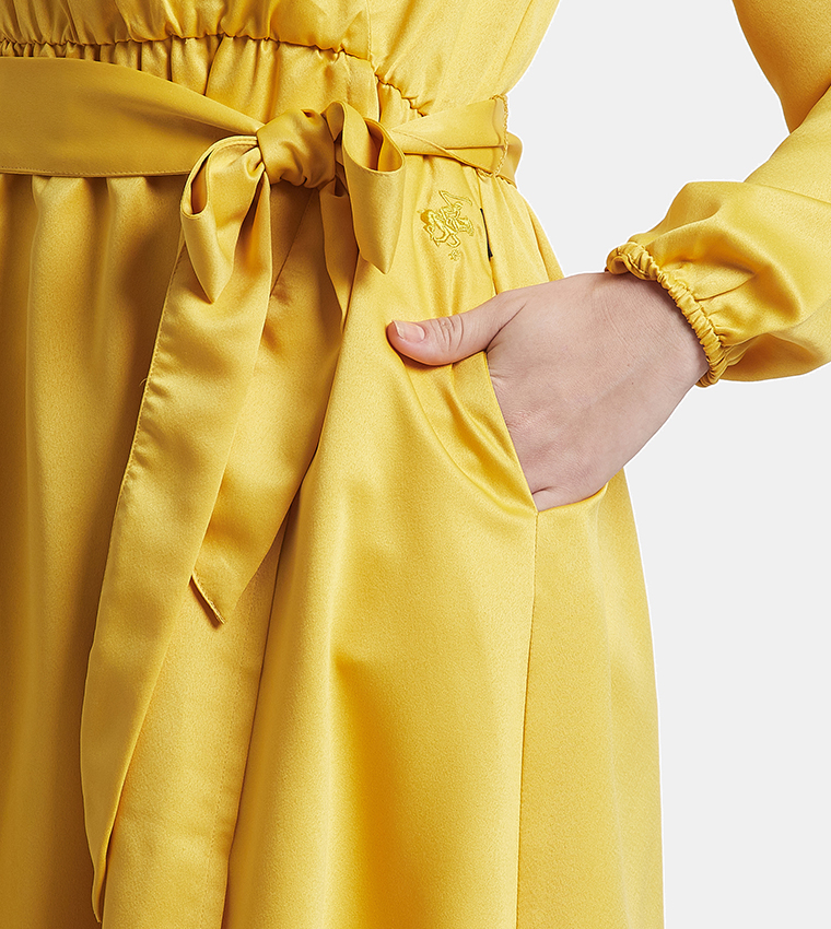 Buy Beverly Hills Polo Club Solid Satin Dress With Waist Belt In - Main Image