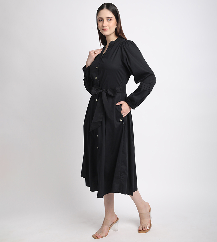 Tie Waist Long Sleeves Shirt Dress