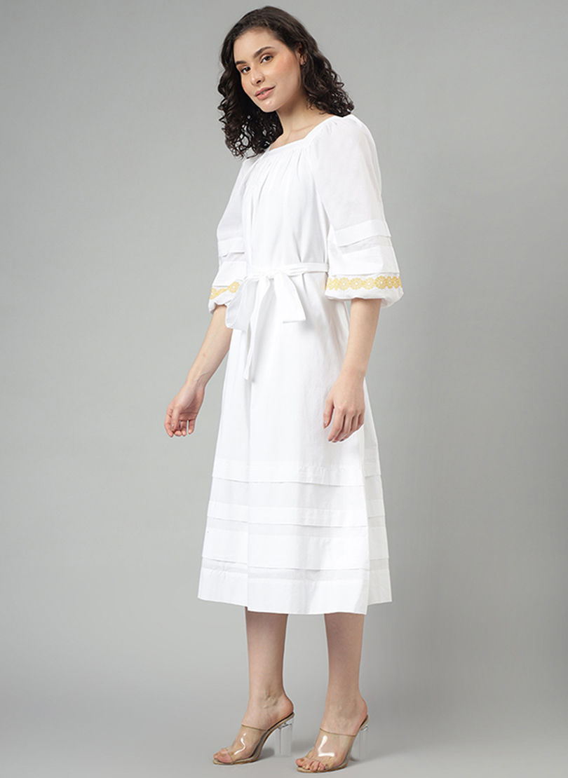 Ruched Neck 3/4 Sleeves Midi Dress