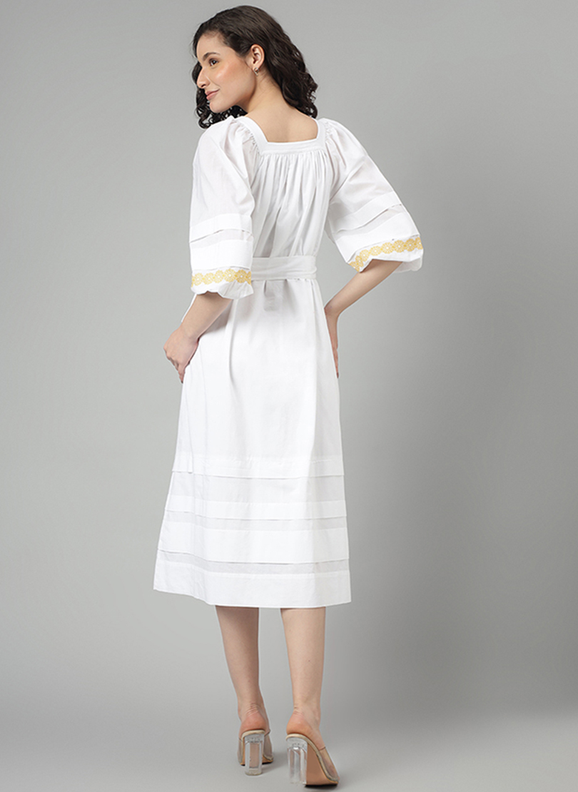 Ruched Neck 3/4 Sleeves Midi Dress