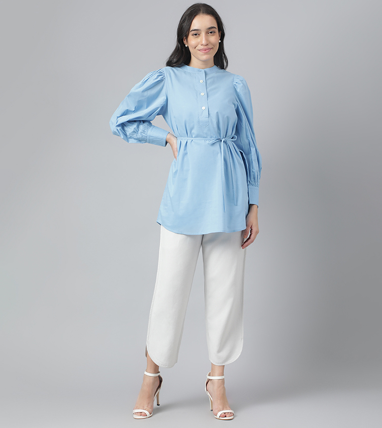 Solid Long Sleeves Belted Tunic