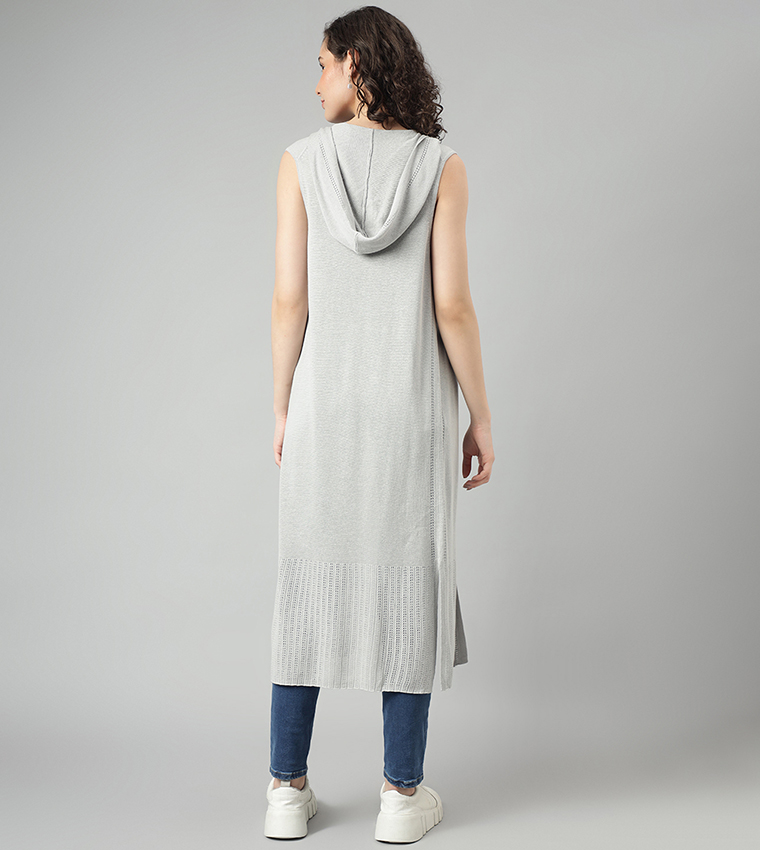 Knitted Sleeveless Long Cardigan with Hoodie